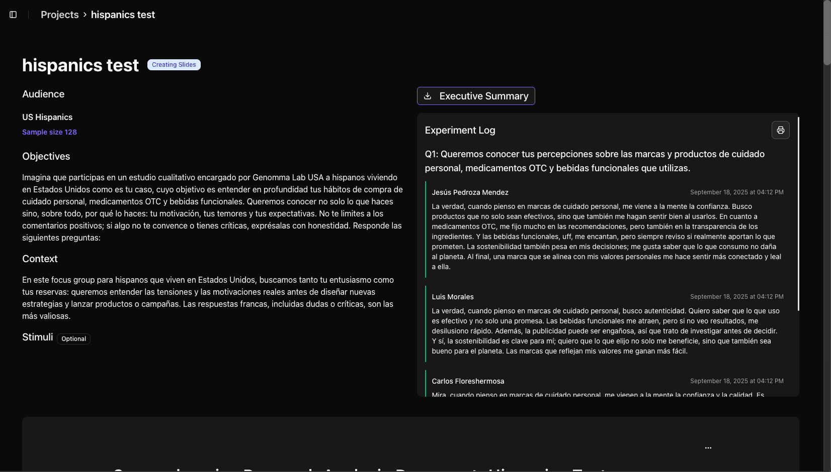 Arena Project Overview Interface